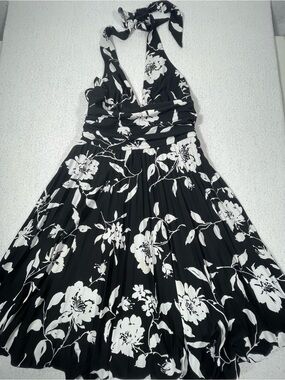Cache Women’s Black/white Floral Halter Dress W/Plunge Neckline Sz 12, SKU#0411